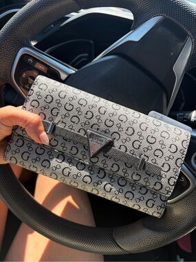 GUESS Gray Monogram Fold-Over Clutch with Logo Plaque